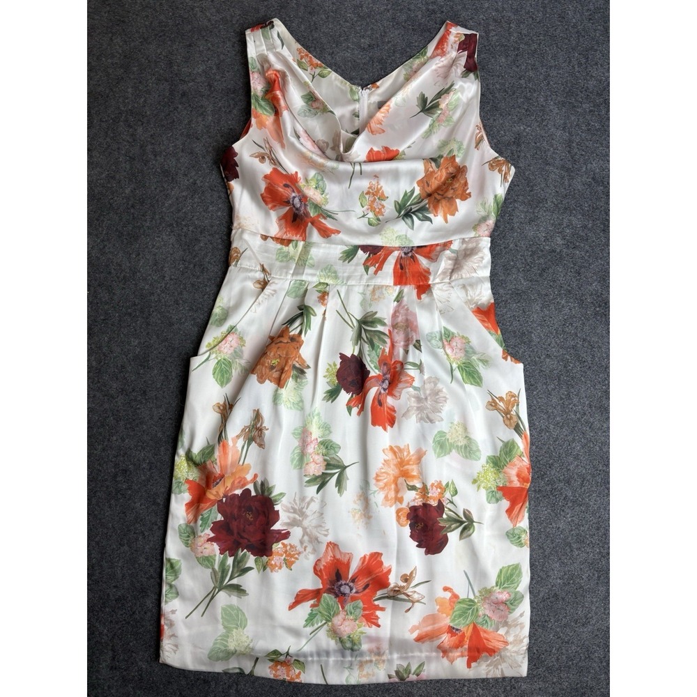 H&M Floral Dress Women Size 12 Ivory Orange Sleeveless Cowl Neck Zip‎ Back  A-4